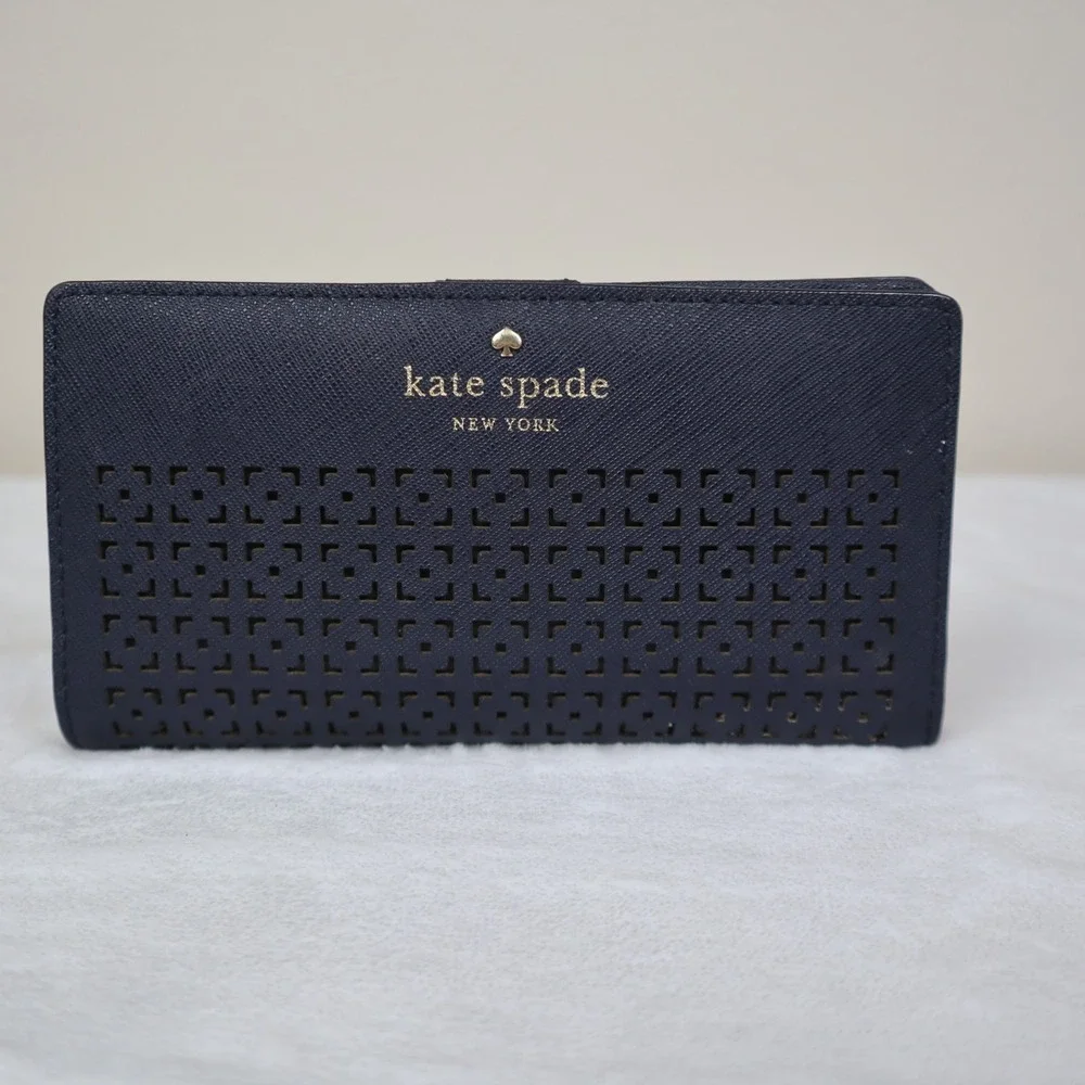 Kate Spade Cedar Street Perforated Lacey Wallet Bifold Black Saffiano Leather